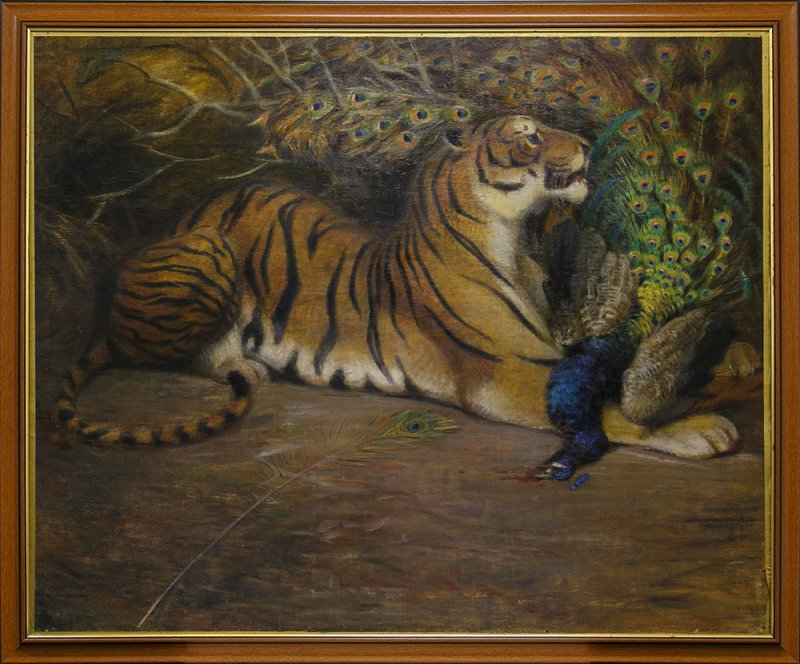 Ватагин В.А. Тигр с павлином. 1921. Фанера, масло