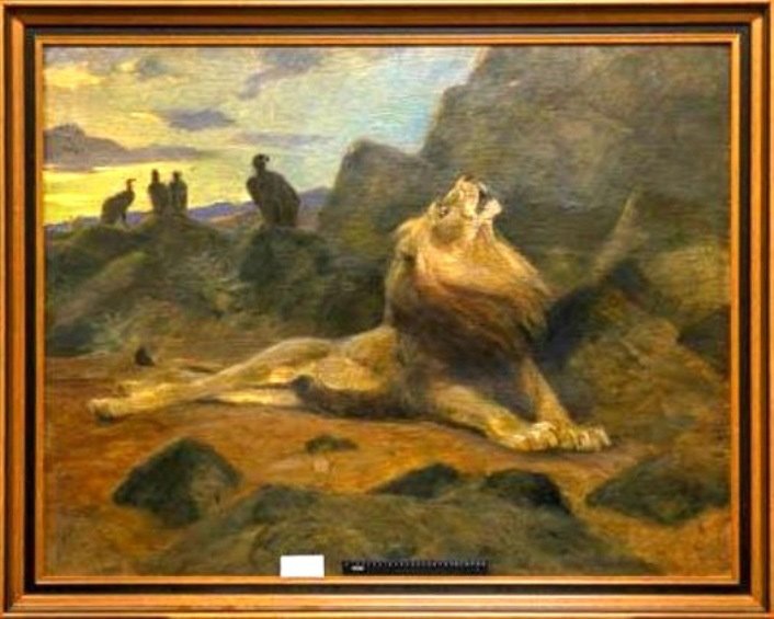 В. А. Ватагин. Умирающий лев. 1921. Фанера, масло